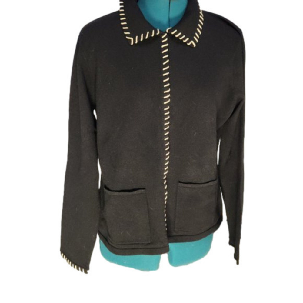 P132. Emma James Black with Ivory Trim Elevated Cardigan |L